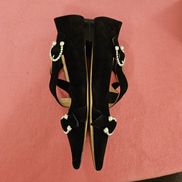 J CREW Black Suede MARINA CRISS CROSS Pearl Rhinestone buckle Dress Flat 9.5 - Picture 8 of 10